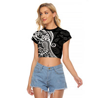 Black Polynesia Paisley Raglan Cropped T Shirt Polynesian With Tropical Flowers LT14 Female Black - Polynesian Pride