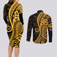 Gold Polynesia Paisley Couples Matching Long Sleeve Bodycon Dress and Long Sleeve Button Shirt Polynesian With Tropical Flowers LT14 - Polynesian Pride