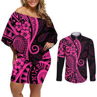 Pink Polynesia Paisley Couples Matching Off Shoulder Short Dress and Long Sleeve Button Shirt Polynesian With Tropical Flowers LT14 Pink - Polynesian Pride
