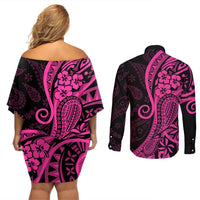 Pink Polynesia Paisley Couples Matching Off Shoulder Short Dress and Long Sleeve Button Shirt Polynesian With Tropical Flowers LT14 - Polynesian Pride