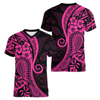 Pink Polynesia Paisley Women V Neck T Shirt Polynesian With Tropical Flowers LT14 - Polynesian Pride