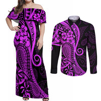 Polynesia Paisley Couples Matching Off Shoulder Maxi Dress and Long Sleeve Button Shirt Polynesian With Tropical Flowers - Purple LT14 Purple - Polynesian Pride