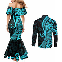 Polynesia Paisley Couples Matching Mermaid Dress and Long Sleeve Button Shirt Polynesian With Tropical Flowers - Turquoise LT14 - Polynesian Pride