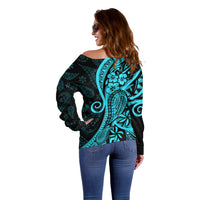 Polynesia Paisley Off Shoulder Sweater Polynesian With Tropical Flowers - Turquoise LT14 - Polynesian Pride