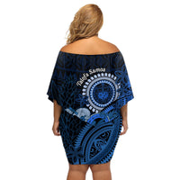 Talofa Samoa Off Shoulder Short Dress Samoan Kava Bowl Siapo Pattern - Blue LT14 - Polynesian Pride
