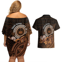 Talofa Samoa Couples Matching Off Shoulder Short Dress and Hawaiian Shirt Samoan Kava Bowl Siapo Pattern - Brown LT14 - Polynesian Pride