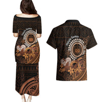 Talofa Samoa Couples Matching Puletasi Dress and Hawaiian Shirt Samoan Kava Bowl Siapo Pattern - Brown LT14 - Polynesian Pride