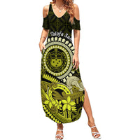 Lime Green Talofa Samoa Family Matching Summer Maxi Dress and Hawaiian Shirt Samoan Kava Bowl Siapo Pattern LT14 Mom's Dress Lime Green - Polynesian Pride
