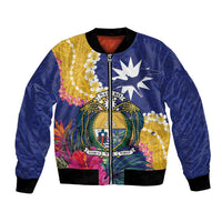 Nauru Independence Day Bomber Jacket Coat Of Arms With Tropical Flowers LT14 Unisex Blue - Polynesian Pride