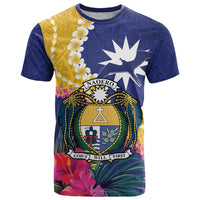 Nauru Independence Day T Shirt Coat Of Arms With Tropical Flowers LT14 Blue - Polynesian Pride