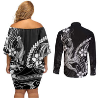 Black Aloha Hawaii Couples Matching Off Shoulder Short Dress and Long Sleeve Button Shirt Polynesian Shark Tattoo With Plumeria - Polynesian Pride