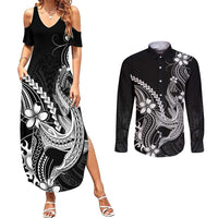 Black Aloha Hawaii Couples Matching Summer Maxi Dress and Long Sleeve Button Shirt Polynesian Shark Tattoo With Plumeria - Polynesian Pride