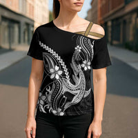 Black Aloha Hawaii Cross Shoulder Shirt Polynesian Shark Tattoo With Plumeria LT14 - Polynesian Pride