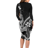 Black Aloha Hawaii Family Matching Long Sleeve Bodycon Dress and Hawaiian Shirt Polynesian Shark Tattoo With Plumeria - Polynesian Pride