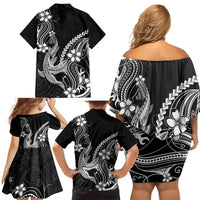 Black Aloha Hawaii Family Matching Off Shoulder Short Dress and Hawaiian Shirt Polynesian Shark Tattoo With Plumeria - Polynesian Pride