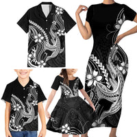 Black Aloha Hawaii Family Matching Short Sleeve Bodycon Dress and Hawaiian Shirt Polynesian Shark Tattoo With Plumeria - Polynesian Pride