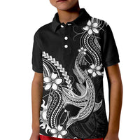 Black Aloha Hawaii Kid Polo Shirt Polynesian Shark Tattoo With Plumeria - Polynesian Pride