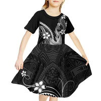 Black Aloha Hawaii Kid Short Sleeve Dress Polynesian Shark Tattoo With Plumeria LT14 - Polynesian Pride