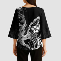 Black Aloha Hawaii Kimono Sleeve Blouse Polynesian Shark Tattoo With Plumeria - Polynesian Pride