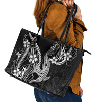 Black Aloha Hawaii Leather Tote Bag Polynesian Shark Tattoo With Plumeria - Polynesian Pride