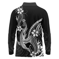 Black Aloha Hawaii Long Sleeve Polo Shirt Polynesian Shark Tattoo With Plumeria LT14 - Polynesian Pride