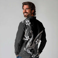 Black Aloha Hawaii Long Sleeve Polo Shirt Polynesian Shark Tattoo With Plumeria LT14 - Polynesian Pride