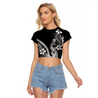 Black Aloha Hawaii Raglan Cropped T Shirt Polynesian Shark Tattoo With Plumeria LT14 Female Black - Polynesian Pride
