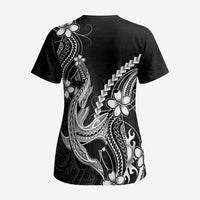 Black Aloha Hawaii Scrub Top Polynesian Shark Tattoo With Plumeria LT14 - Polynesian Pride