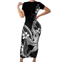 Black Aloha Hawaii Short Sleeve Bodycon Dress Polynesian Shark Tattoo With Plumeria - Polynesian Pride