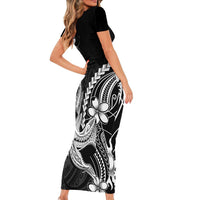 Black Aloha Hawaii Short Sleeve Bodycon Dress Polynesian Shark Tattoo With Plumeria - Polynesian Pride