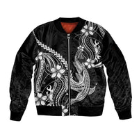 Black Aloha Hawaii Sleeve Zip Bomber Jacket Polynesian Shark Tattoo With Plumeria - Polynesian Pride