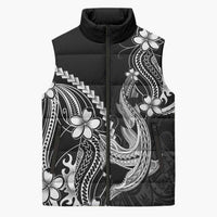 Black Aloha Hawaii Sleeveless Puffer Jacket Polynesian Shark Tattoo With Plumeria LT14 Unisex Black - Polynesian Pride