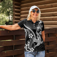 Black Aloha Hawaii Women Polo Shirt Polynesian Shark Tattoo With Plumeria - Polynesian Pride