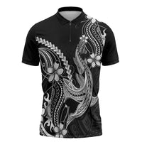 Black Aloha Hawaii Zipper Polo Shirt Polynesian Shark Tattoo With Plumeria LT14 Black - Polynesian Pride