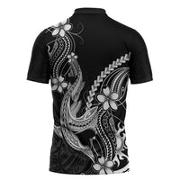 Black Aloha Hawaii Zipper Polo Shirt Polynesian Shark Tattoo With Plumeria LT14 - Polynesian Pride