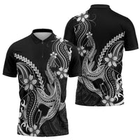Black Aloha Hawaii Zipper Polo Shirt Polynesian Shark Tattoo With Plumeria LT14 - Polynesian Pride