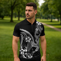 Black Aloha Hawaii Zipper Polo Shirt Polynesian Shark Tattoo With Plumeria LT14 - Polynesian Pride