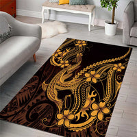Gold Black Aloha Hawaii Area Rug Polynesian Shark Tattoo With Plumeria - Polynesian Pride