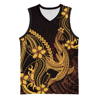 Gold Black Aloha Hawaii Basketball Jersey Polynesian Shark Tattoo With Plumeria LT14 Unisex Gold - Polynesian Pride