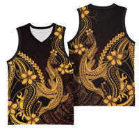 Gold Black Aloha Hawaii Basketball Jersey Polynesian Shark Tattoo With Plumeria LT14 - Polynesian Pride