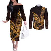 Gold Black Aloha Hawaii Couples Matching Off The Shoulder Long Sleeve Dress and Long Sleeve Button Shirt Polynesian Shark Tattoo With Plumeria - Polynesian Pride