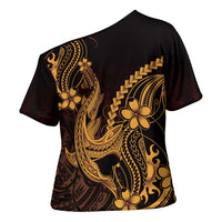 Gold Black Aloha Hawaii Cross Shoulder Shirt - Polynesian Shark Tattoo With Plumeria LT14 - Polynesian Pride