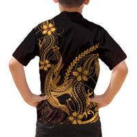 Gold Black Aloha Hawaii Family Matching Long Sleeve Bodycon Dress and Hawaiian Shirt Polynesian Shark Tattoo With Plumeria - Polynesian Pride