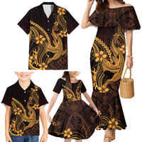 Gold Black Aloha Hawaii Family Matching Mermaid Dress and Hawaiian Shirt Polynesian Shark Tattoo With Plumeria - Polynesian Pride