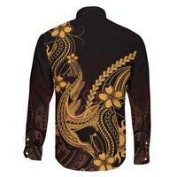 Gold Black Aloha Hawaii Family Matching Off Shoulder Maxi Dress and Hawaiian Shirt Polynesian Shark Tattoo With Plumeria - Polynesian Pride
