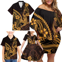 Gold Black Aloha Hawaii Family Matching Off Shoulder Short Dress and Hawaiian Shirt Polynesian Shark Tattoo With Plumeria - Polynesian Pride
