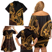 Gold Black Aloha Hawaii Family Matching Off Shoulder Short Dress and Hawaiian Shirt Polynesian Shark Tattoo With Plumeria - Polynesian Pride
