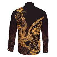 Gold Black Aloha Hawaii Family Matching Short Sleeve Bodycon Dress and Hawaiian Shirt Polynesian Shark Tattoo With Plumeria - Polynesian Pride