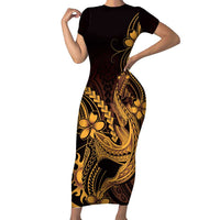 Gold Black Aloha Hawaii Family Matching Short Sleeve Bodycon Dress and Hawaiian Shirt Polynesian Shark Tattoo With Plumeria - Polynesian Pride