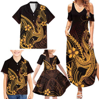 Gold Black Aloha Hawaii Family Matching Summer Maxi Dress and Hawaiian Shirt Polynesian Shark Tattoo With Plumeria - Polynesian Pride